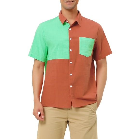 INSPIRE CHIC Men's Shirts Short Sleeve Summer Cotton Patchwork Button Down Shirts XL Orange Green