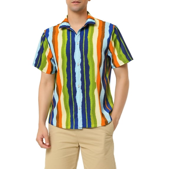INSPIRE CHIC Men's Short Sleeve Button Down Stripes Color Block Printed Shirts 2XL Green Blue