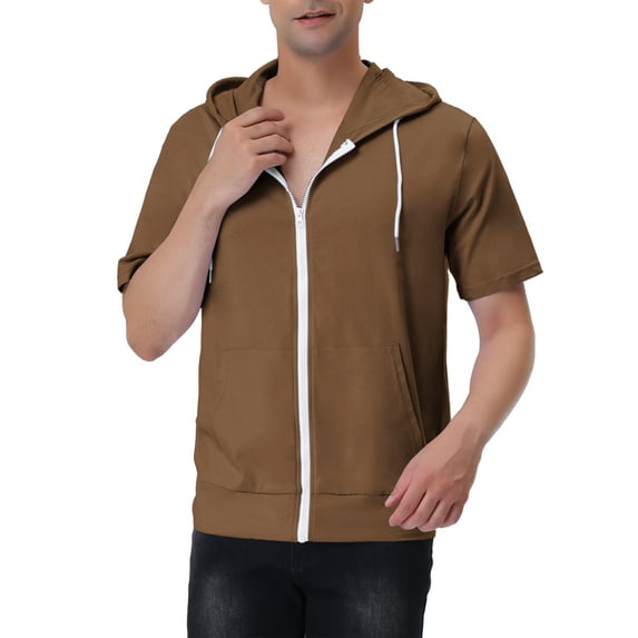 INSPIRE CHIC Men's Short Sleeve Hoodies Solid Color Zip Up Jackets with Hood 2XL Brown