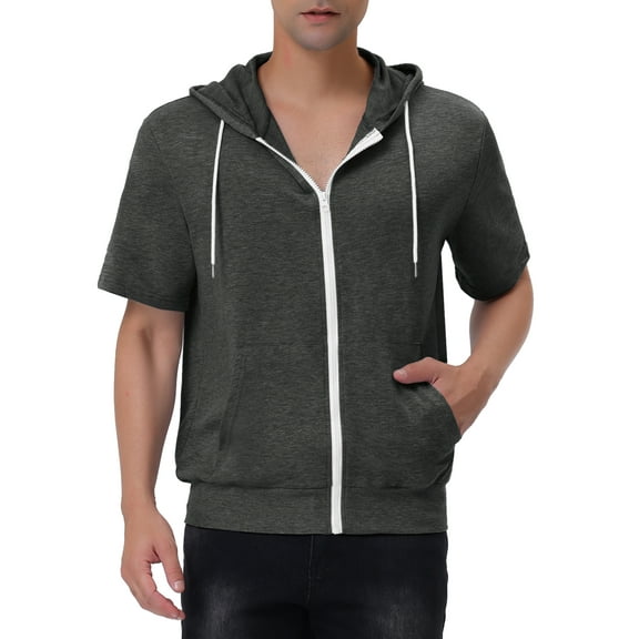 INSPIRE CHIC Men's Short Sleeve Hoodies Solid Color Zip Up Jackets with Hood 2XL Dark Gray