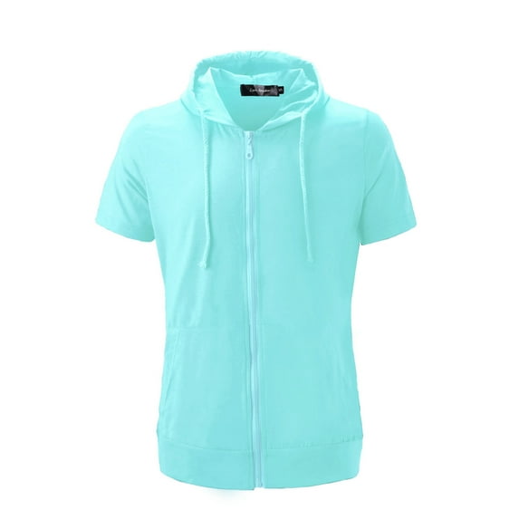 INSPIRE CHIC Men's Short Sleeve Hoodies Solid Color Zip Up Jackets with Hood 2XL Teal