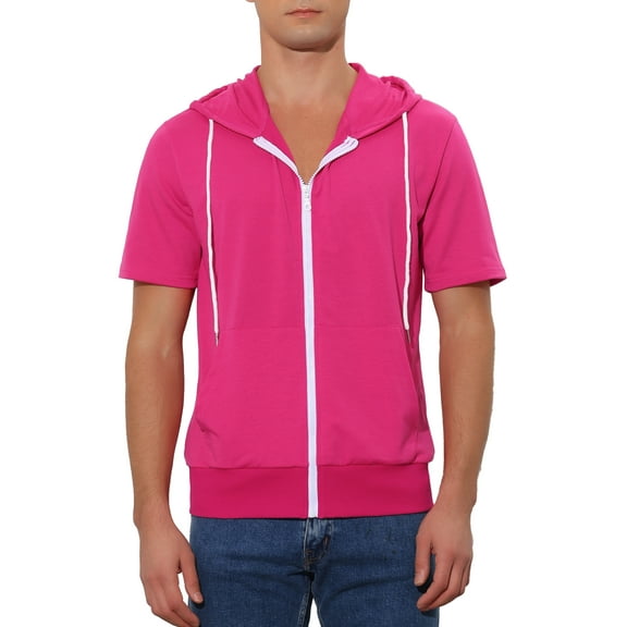 INSPIRE CHIC Men's Short Sleeve Hoodies Solid Color Zip Up Jackets with Hood M Rose Red