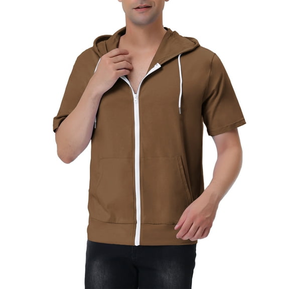 INSPIRE CHIC Men's Short Sleeve Hoodies Solid Color Zip Up Jackets with Hood S Brown