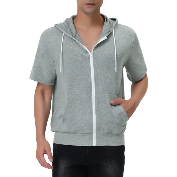 INSPIRE CHIC Men's Short Sleeve Hoodies Solid Color Zip Up Jackets with Hood S Gray