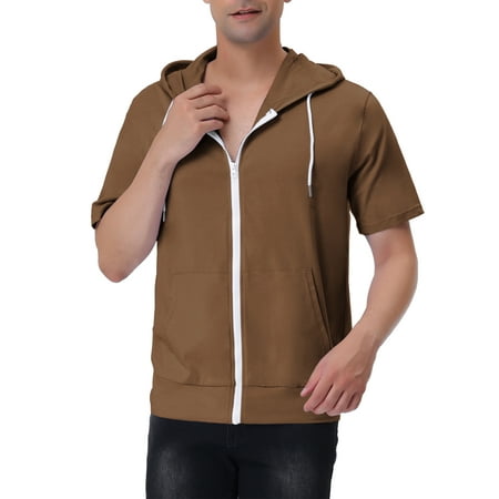 INSPIRE CHIC Men's Short Sleeve Hoodies Solid Color Zip Up Jackets with Hood XL Brown