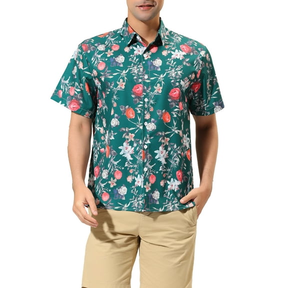 INSPIRE CHIC Men's Shirts Short Sleeve Floral Printed Button Front Beach Hawaiian Shirt 34 Green White