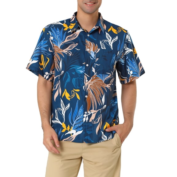 INSPIRE CHIC Men's Shirts Short Sleeve Floral Printed Button Front Beach Hawaiian Shirt 38 Blue Brown