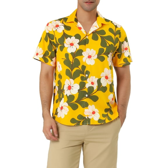 INSPIRE CHIC Men's Shirts Short Sleeve Floral Printed Button Front Beach Hawaiian Shirt 38 Yellow Floral