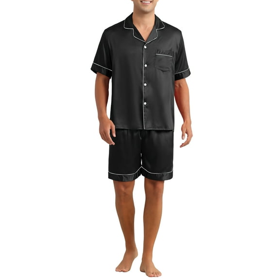 INSPIRE CHIC Satin Pajamas Set for Men's Short Sleeve Sleepwear Two-Pieces Loungewear with Pockets Night Sleep Soft Pajamas L Black
