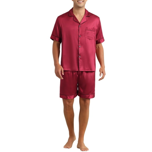 INSPIRE CHIC Satin Pajamas Set for Men's Short Sleeve Sleepwear Two-Pieces Loungewear with Pockets Night Sleep Soft Pajamas XL Red