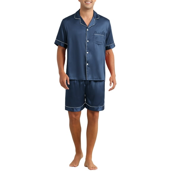INSPIRE CHIC Satin Pajamas Set for Men's Short Sleeve Sleepwear Two-Pieces Loungewear with Pockets Night Sleep Soft Pajamas S Blue