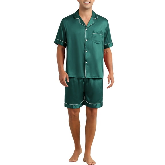 INSPIRE CHIC Satin Pajamas Set for Men's Short Sleeve Sleepwear Two-Pieces Loungewear with Pockets Night Sleep Soft Pajamas M Green