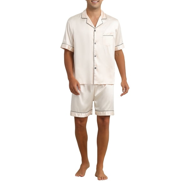 INSPIRE CHIC Satin Pajamas Set for Men's Short Sleeve Sleepwear Two-Pieces Loungewear with Pockets Night Sleep Soft Pajamas L Champagne