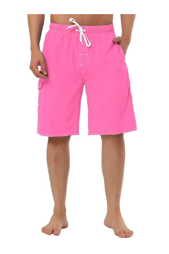 Men's Shorts Summer Drawstring Elastic Waist Solid Beach Board Swim Shorts Pink 30