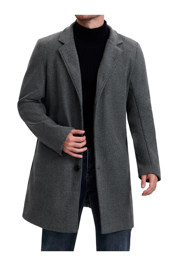 Men's Coat Notched Lapel Single Breasted Mid-Weight Long Sleeve Coat M Grey