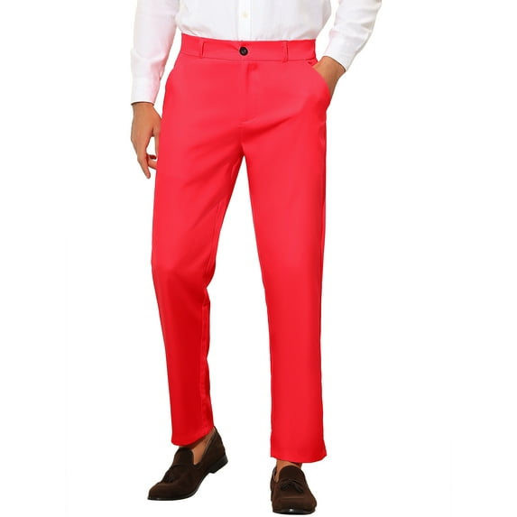 INSPIRE CHIC Men's Slim Fit Trousers Flat Front Solid Color Business Pants 38 Red