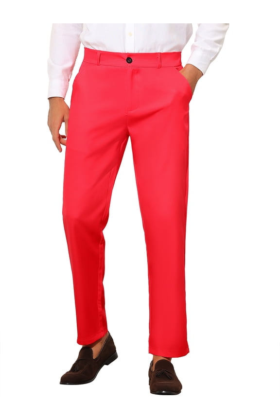 Men's Slim Fit Trousers Flat Front Solid Color Business Pants 28 Red