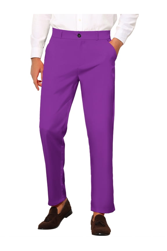 Men's Slim Fit Trousers Flat Front Solid Color Business Pants 30 Purple