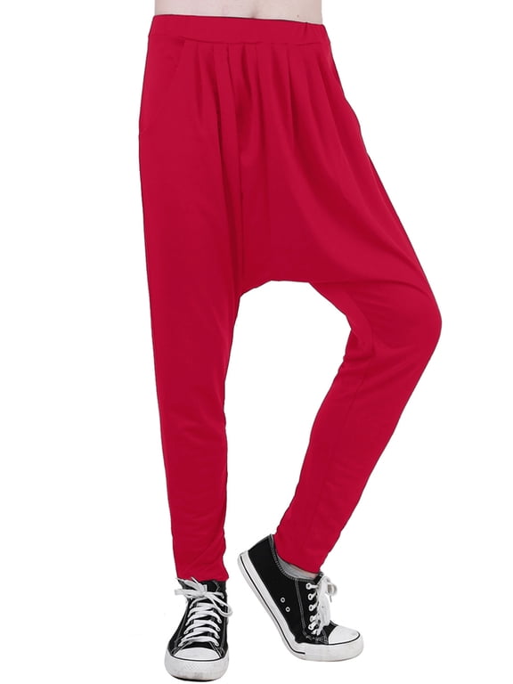 Men's Solid Black Elastic Waist Slant Pockets Harem Pants 28-30 Red