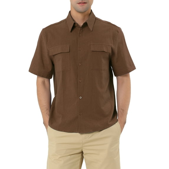 Lars Amadeus Men's Solid Color Short Sleeves Point Collar Shirt with Pockets