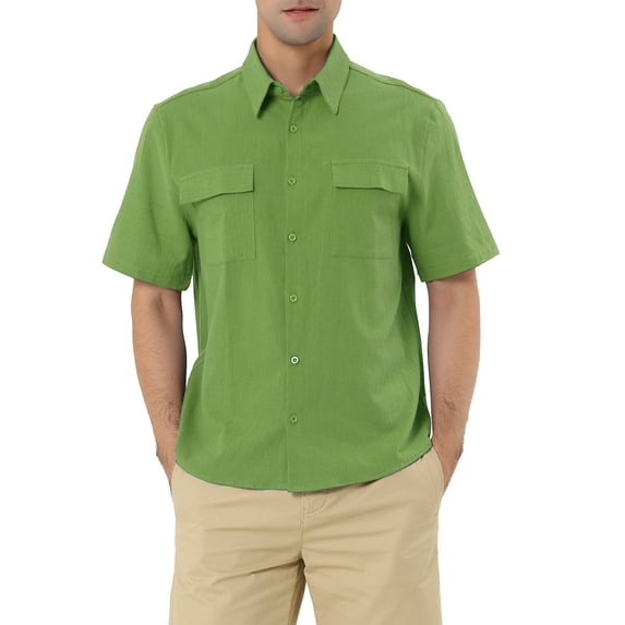 Lars Amadeus Men's Solid Color Short Sleeves Point Collar Shirt with Pockets