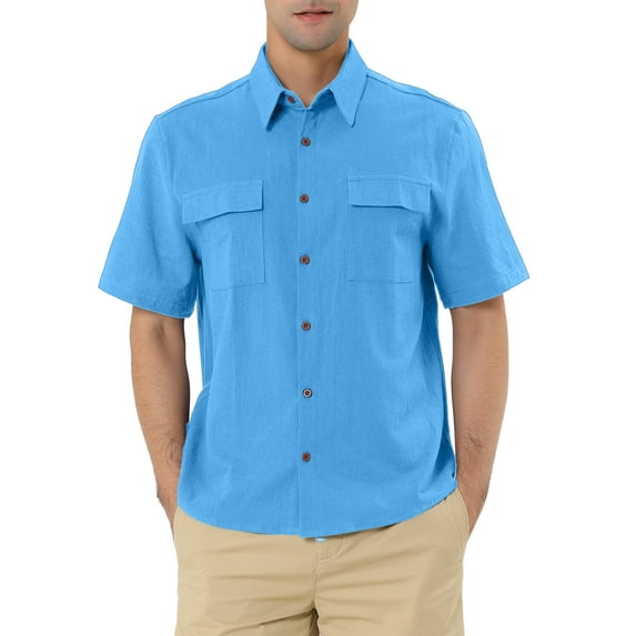 INSPIRE CHIC Men's Shirts Solid Color Short Sleeve Point Collar Shirt with Pockets  S Light Blue