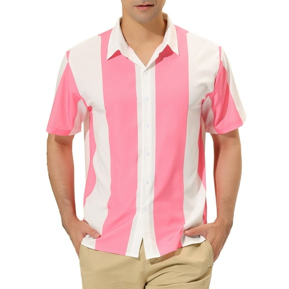 INSPIRE CHIC Men's Striped Button Down Short Sleeve Hawaiian Color Block Shirts S Pink White