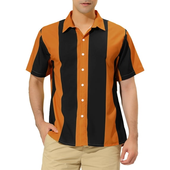 INSPIRE CHIC Men's Striped Button Down Short Sleeve Hawaiian Color Block Shirts M Black Brown