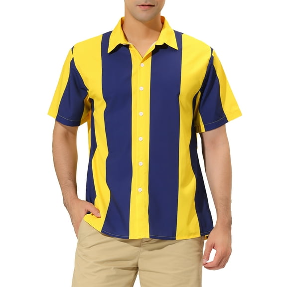 INSPIRE CHIC Men's Striped Button Down Short Sleeve Hawaiian Color Block Shirts S Navy Yellow