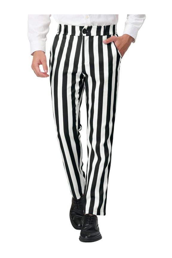 Men's Striped Dress Pant Classic Fit Flat Front Business Work Prom Trousers 28 Black White