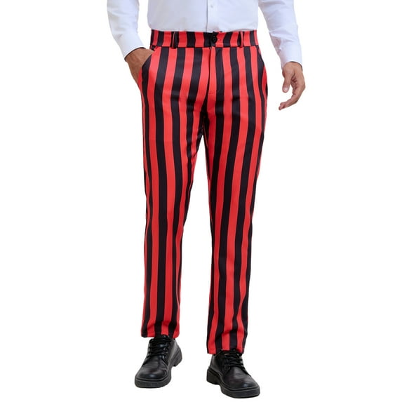 INSPIRE CHIC Men's Striped Dress Pant Classic Fit Flat Front Business Work Prom Trousers 30 Red Black