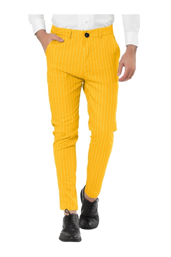 Men's Striped Dress Pants Flat Front Trousers Business Pant 34 Yellow