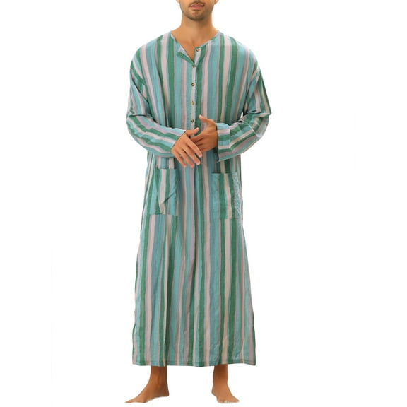 INSPIRE CHIC Men's Nightshirt Striped Long Sleeve Button Closure Two Pockets Sleepshirts XL Green
