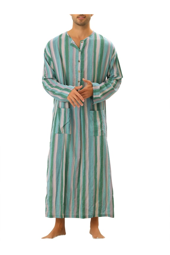 Men's Nightshirt Striped Long Sleeve Button Closure Two Pockets Sleepshirts XL Green