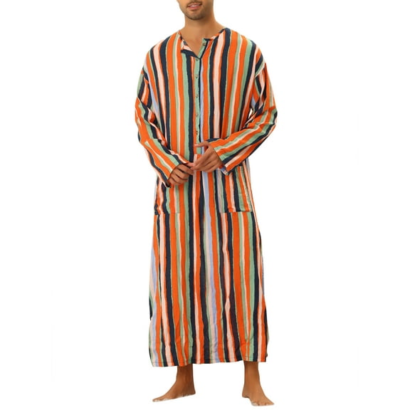 INSPIRE CHIC Men's Nightshirt Striped Long Sleeve Button Closure Two Pockets Sleepshirts M Orange