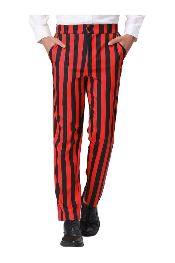 Men's Pants Striped Pants Skinny Fit Color Block Button Zipper Dress Trousers 32 Red Black