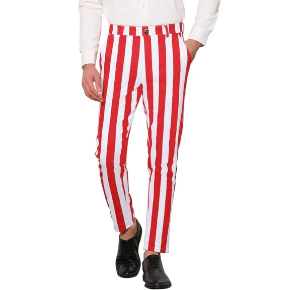INSPIRE CHIC Men's Striped Pants Skinny Fit Color Block Dress Trousers 28 Red White