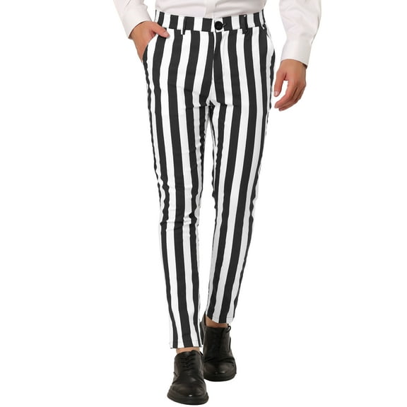 INSPIRE CHIC Men's Striped Pants Skinny Fit Color Block Dress Trousers 30 Black White