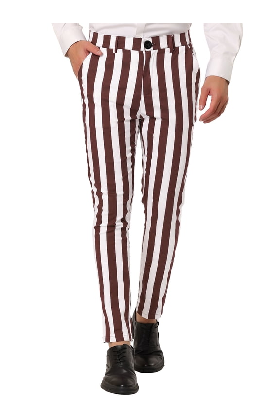 Men's Pants Striped Pants Skinny Fit Color Block Button Zipper Dress Trousers 30 Brown White