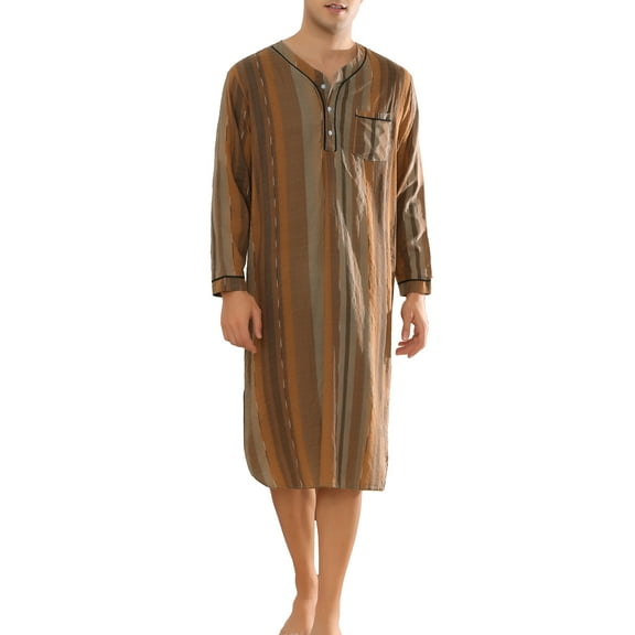 INSPIRE CHIC Men's Striped Print Nightgown Long Sleeves Nightshirt Sleep Shirt S Brown Orange