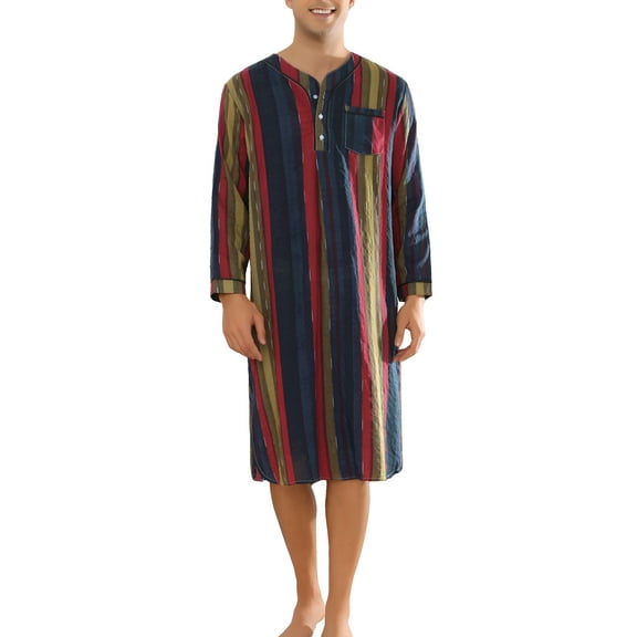 INSPIRE CHIC Men's Striped Print Nightgown Long Sleeves Nightshirt Sleep Shirt S Navy Red