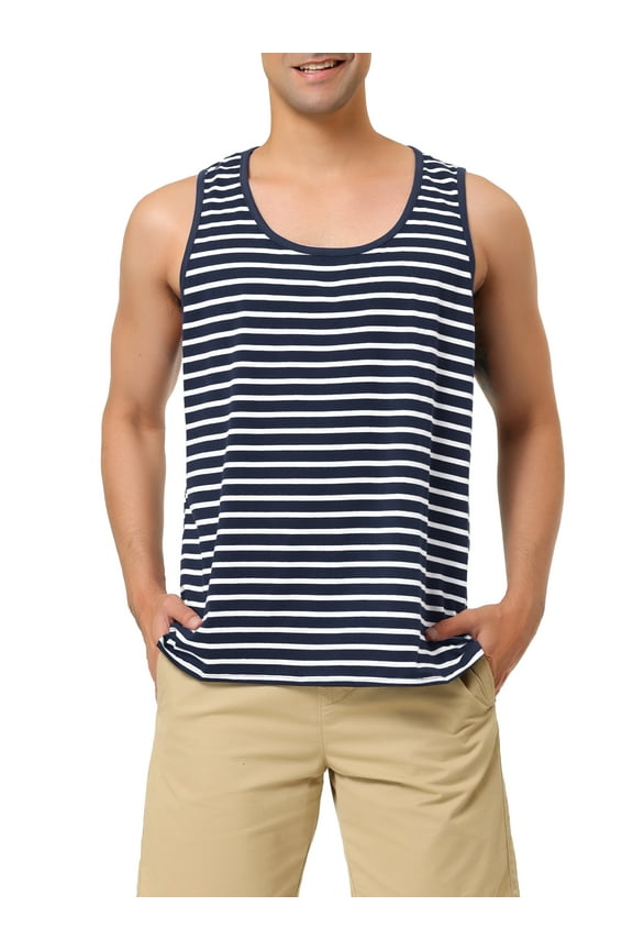 Men's Striped Round Neck Color Block Sleeveless Pocket Tank Top 2XL Navy Blue