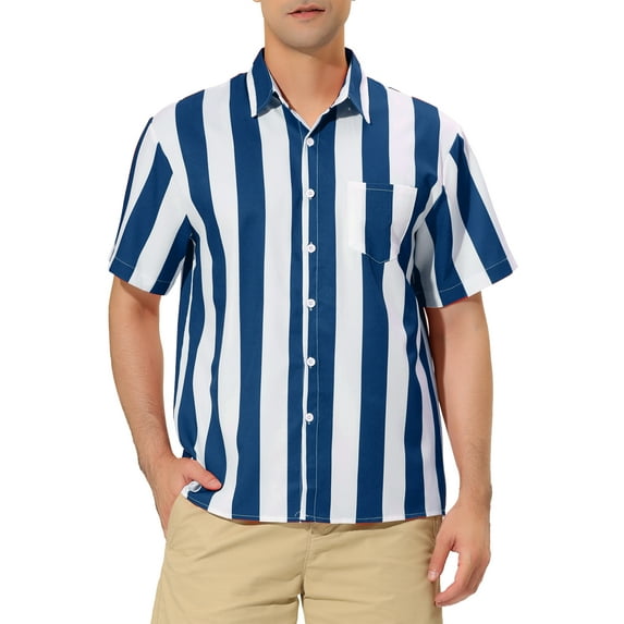 INSPIRE CHIC Men's Hawaiian Shirts Striped Button Down Short Sleeves Shirts Blue White S