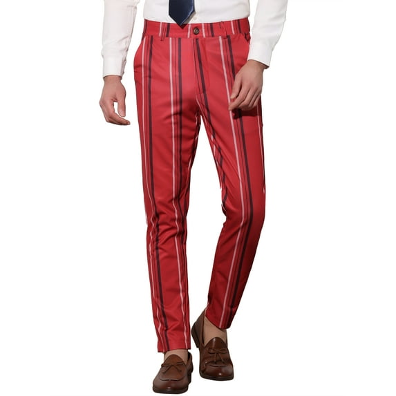 INSPIRE CHIC Men's Striped Slim Fit Contrast Color Drawstring Dress Pants 28 Red