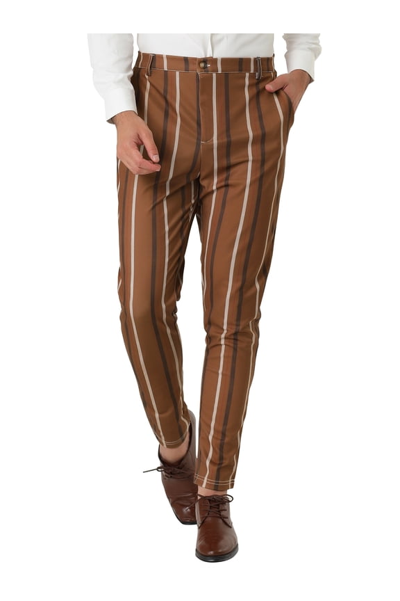Men's Striped Slim Fit Contrast Color Drawstring Dress Pants 28 Brown