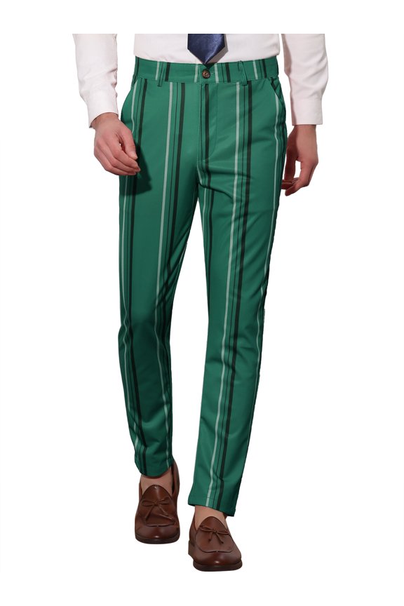 Men's Striped Slim Fit Contrast Color Drawstring Dress Pants 30 Dark Green