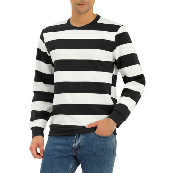 Lars Amadeus Men's Striped Sweatshirt Regular Fit Round Neck Long Sleeves Printed Pullover Sweatshirts M White Black