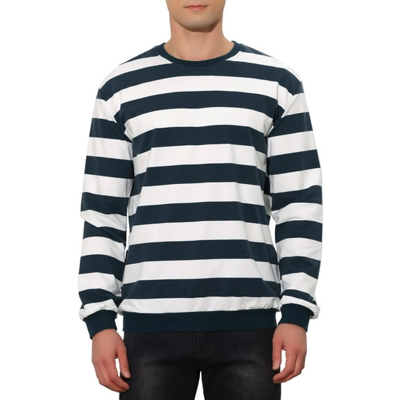 INSPIRE CHIC Men's Striped Sweatshirt Regular Fit Round Neck Long Sleeves Printed Pullover Sweatshirts S Navy White