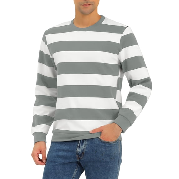 Lars Amadeus Men's Striped Sweatshirt Regular Fit Round Neck Long Sleeves Printed Pullover Sweatshirts S White Gray
