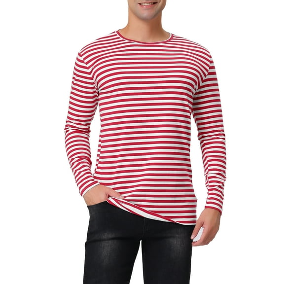 INSPIRE CHIC Men's Striped T-Shirt Long Sleeves Crew Neck Stripe Basic Tops L Red